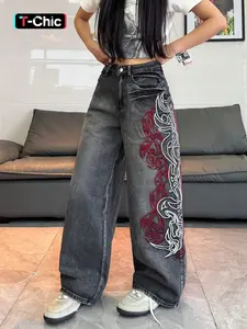 Original Retro Embroidered Bamboo Jeans for Women, Street Style Streetwear Casual Washed Denim Fitted Long Pants, Denim High Waist Flared Pants, All Seasons Plain Design, Womenswear