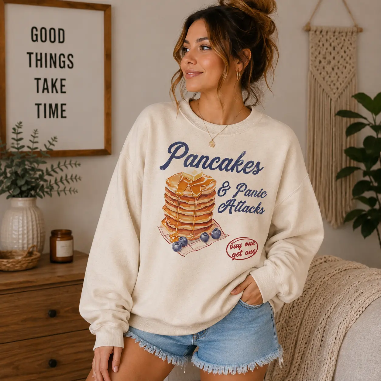 Pancakes & Panic Attacks Sweatshirt, Funny Breakfast Graphic Crewneck, Cozy Oversized Unisex Pullover, Retro Humor Vibe - The Paul