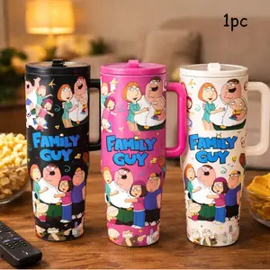 1pc 40oz Family Guys Tumbler With Handle And Lid, Thermal Tumbler, Drinkware, Vacuum Flasks, Stainless Steel Insulated Travel Mug, Double Wall Vacuum Cup Keeps Drinks Cold 12H Hot 6H, Gift For Dad Boyfriend Husband Family Fans, Portable