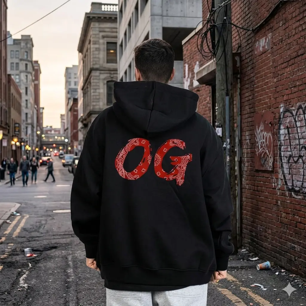 Og Bandana Red Design Chicano Hoodie, Chicana Style Clothing, Chicano Clothing, Gangster clothes, Hoodies for men, Men's clothing Streetwear