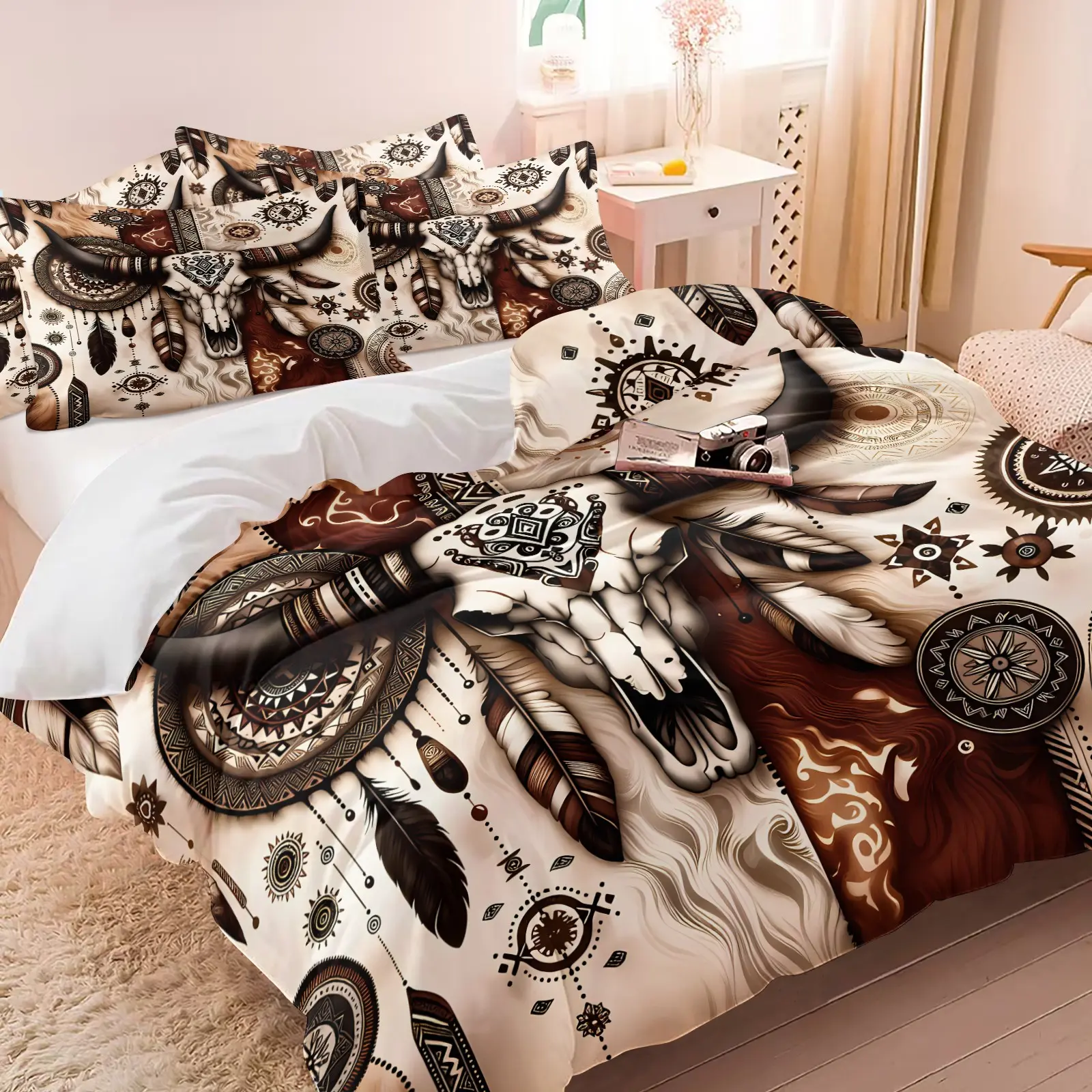 Western Bull Skull Feather Duvet Cover Set, 1 Duvet Cover + 1/2 Pillowcases, No Core, Soft Comfortable Breathable Skin-Friendly Print Bedding, All Season Perfect for Teens & Adults Bedroom Decor