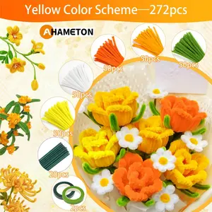 272/522pcs Orange&purple Pipe Cleaners Craft, Pipe Cleaners Flowers Kit with Handle, 5 Colors Chenille Stems with Instruction, Art and Craft Supplies, Pipe Cleaners Flowers Kit with Handle, Colored Pipe Cleaners Bulk, Valentine's Day Decorations
