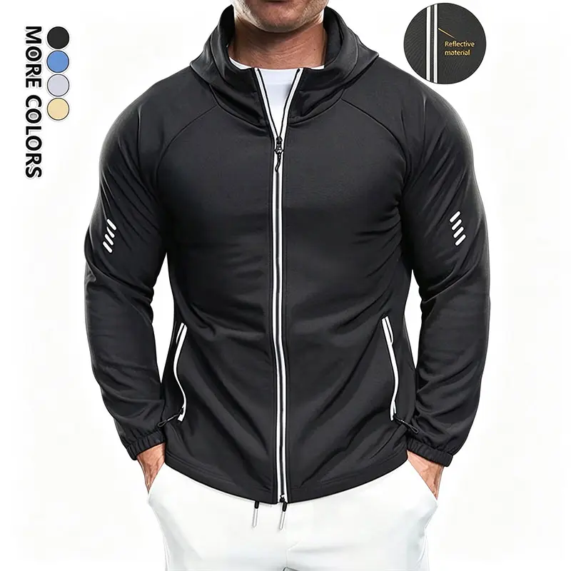 Men's Casual Hooded Gym Jacket - Regular Size Solid 100% Polyester Active Jacket, Soft Comfort Fabric, Unique Reflective Zipper, Ultralight Multifunction Portable Outdoor Top for Fitness, Daily Leisure,sohochic