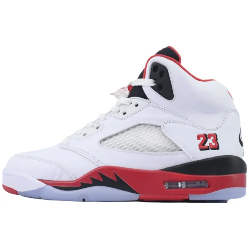 retro high-top basketball sneakers crafted with smooth white leather, matched with bold red and black color accents, breathable hollow mesh panels, transparent lace locks and shock-absorbing rear air cushion, classic streetwear daily casual kicks  ，、、，