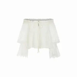 Cider Chiffon Off-shoulder Lace Ruffle Sleeve Bowknot Blouse