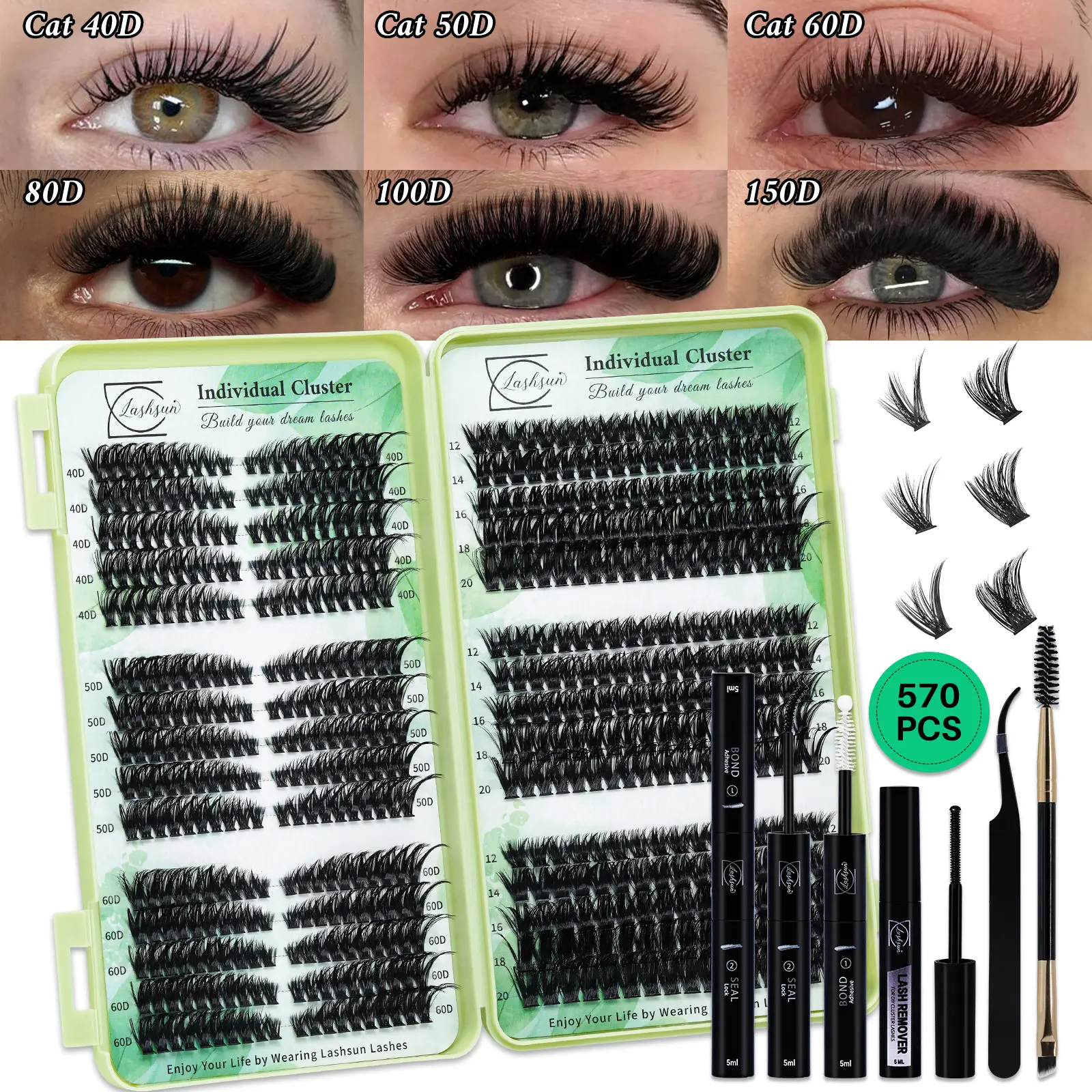 570 PCS Lash Clusters Kit Cat 40D&50D&60D+80D+100D 6 Styles Mix10-18mm/12-20mm False Lashes with Bond&Seal Lash Remover Brush Lash Applicator, DIY Eyelash Cluster, Perfect for Beginners & Pros, DIY for Makeup Daily