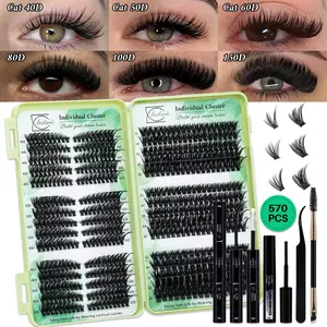 570 PCS Lash Clusters Kit Cat 40D&50D&60D+80D+100D+150D 6 Styles Mix10-18mm/12-20mm Lashes Kit Lash Extensions Kit Cosmetic False Lashes with Bond&Seal Lash Remover Brush Lash Applicator, Perfect for Beginners &Proficient, DIY for Makeup Daily