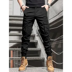 Men’s cargo jogger pants, black slim fit with elastic cuffs, multiple pockets, casual street-style long pants suitable for everyday wear, work, and outdoor activities. fathersdaygift