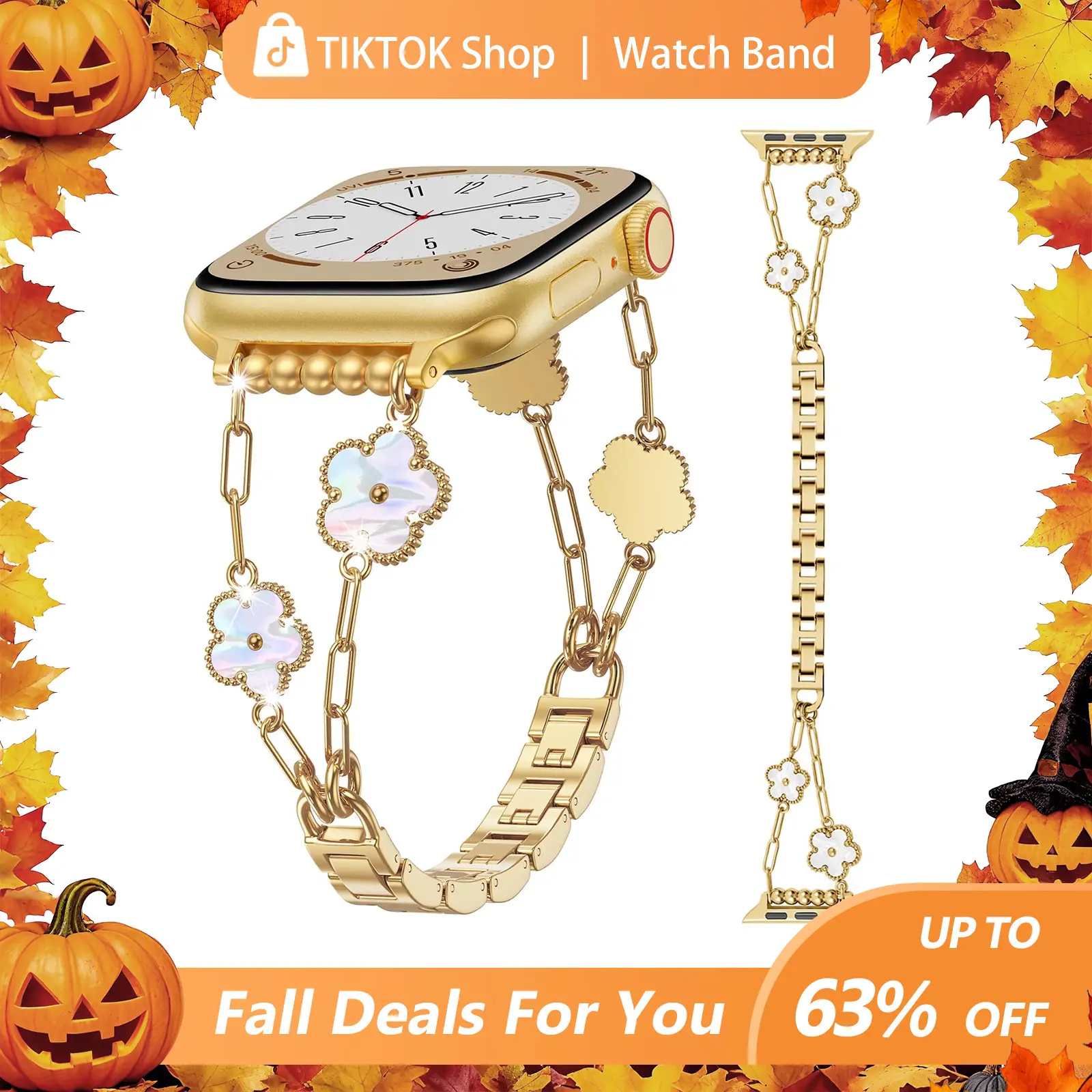 [FallDealsForYou] Gold Bling Five Clover Luxury Bands for Women Compatible with Apple Watch 40mm 38mm 41mm 42mm(S10/11) Lucky Cute Sparkle Dressy Brac