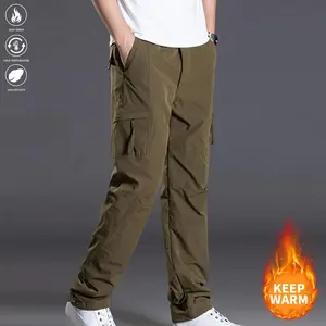 Men's warm fleece-lined windproof and cold-resistant softshell pants - outdoor winter trousers, featuring adjustable drawstring waistband and multiple practical pockets, suitable for hiking, skiing, camping, and hunting.