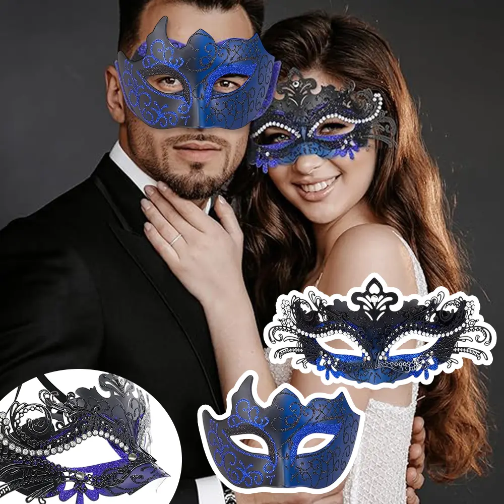 Enchanting Charm Blue Masquerade Masks for Couples, Shiny Rhinestone Metal Filigree Venetian Mask & Mens Venetian Mask for Mardi Gras