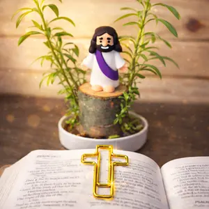 Faith-Inspired Live Plant Gift Set - Brazilian Willow Wood Bonsai Cutting with Jesus Topper and 5 Cross Paper Clips –