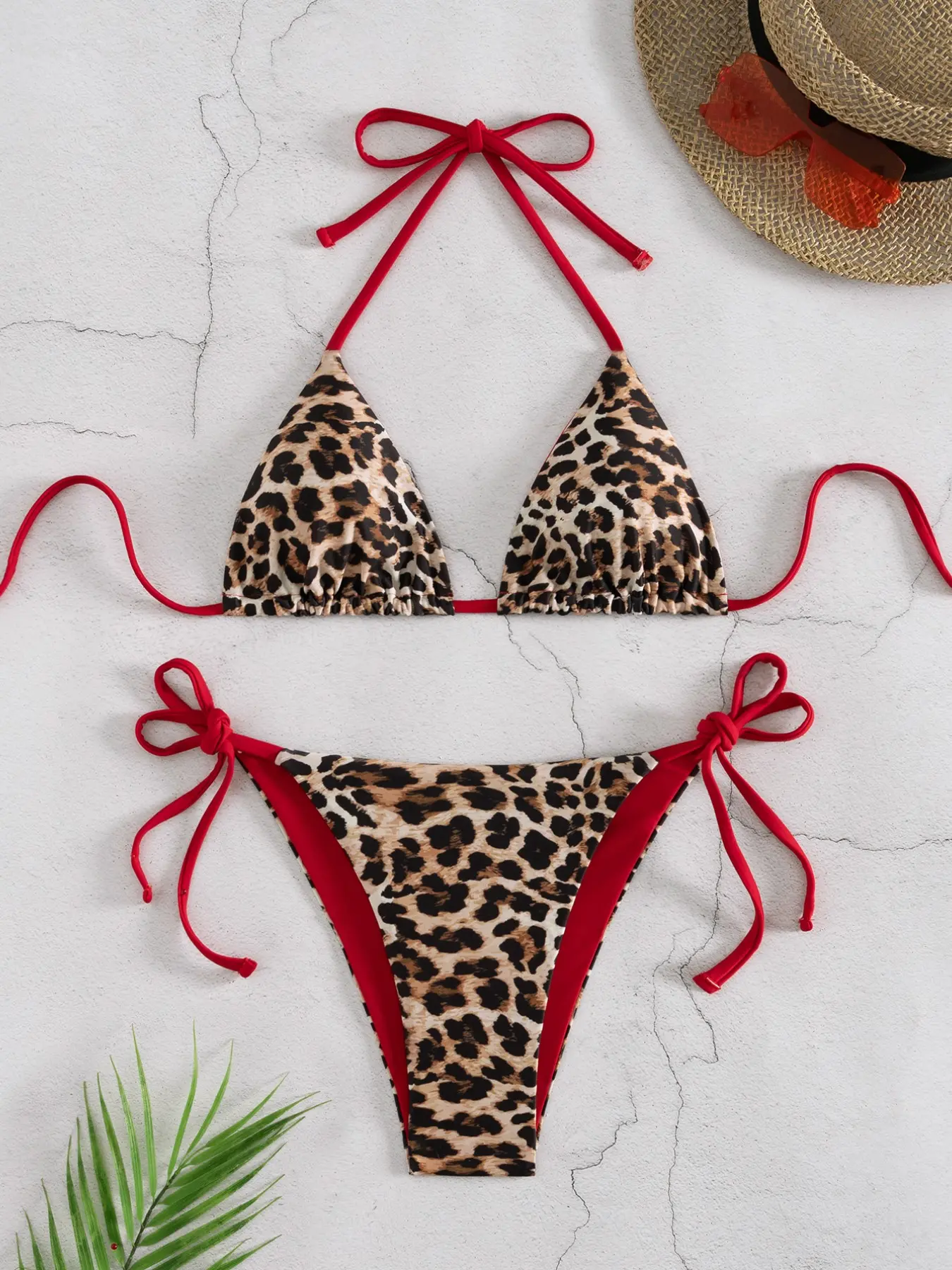 Women's Two-Piece Swimsuit Bikini Set, Sexy Fashion Leopard Print Block, Side Tie Backless Drawstring Swimwear, Tie Back Bikinis, Summer Swimsuit Set, Stylish Bikini Set, Colorblock Bikini