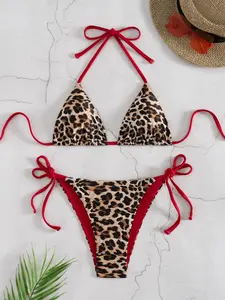 Women's Two-Piece Swimsuit Bikini Set, Sexy Fashion Leopard Print Block, Side Tie Backless Drawstring Swimwear, Tie Back Bikinis, Summer Swimsuit Set
