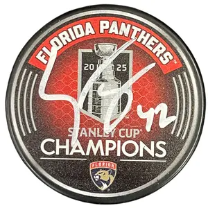 Gustav Forsling Autographed Florida Panthers (2025 Stanley Cup Champs Logo) Hockey Puck - JSA