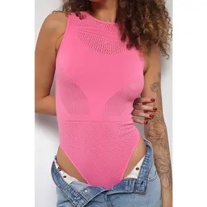 YOUME J3017 Jacquard Sleeveless Seamless Bodysuit Comfort Crochet Solid Bodycon Round Neck Tops