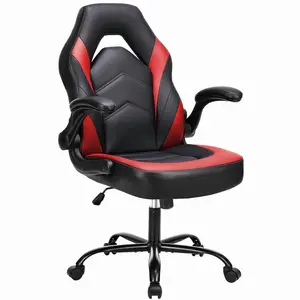 Gianna Ergonomic Computer Gaming Chair with Flip-up Armrest, Height Adjustable PU Leather Home Office Desk Chair with Lumbar Support Swivel Wheels and for Adults，Black Red