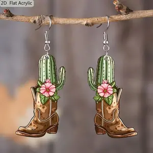 Creative Cactus Boots Cowboy Boots Dangle Earrings Women Acrylic 2D Flat Retro Cactus Earring Jewelry Party Accessories Gifts