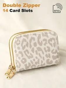 Fashion Leopard Print Wallet Card Holder, Lightweight Elegant Short Wallet, PU Dual Zipper Design, Large Capacity, RFID Blocking, Rfid Card Slots, Unisex Gift