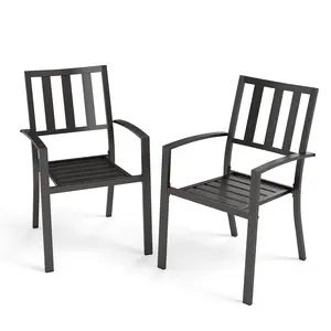 PHI VILLA Patio Dining Chairs, 300Lbs Stackable Wrought Outdoor Metal Dining Chairs with Armrest for Outdoor Kitchen Garden, Backyard - 2 Pack