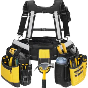 Electrician Tool Belt with Suspenders, 32 Pockets Carpenters Belt Tool, 1680D Ballistic, Strips for Safety, HVAC Toolbelt for Men