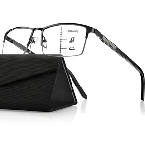 Refined Progressive Reading Glasses Men Multifocus Metal Half Frame, Blue Light Blocking Computer Readers, Modern Rectangular Frame with Flexible Arms with Hard Case, Black +2.50-USA
