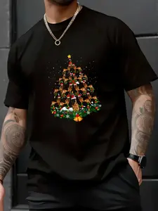100% Cotton Unisex German Shepherd Dog Christmas Tree Lights Santa Hat Graphic T-Shirt,spring/autumn Christmas snowflake fun pattern men's T-shirt