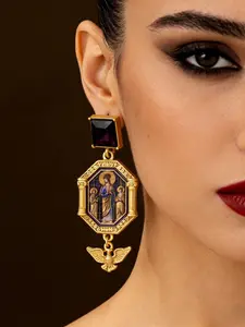 Vintage Geometric Oil Painting Earrings, Pendant Studs with Gemstone Inlay, High-End Roman Column Design, Luxurious Unique Ear Jewelry