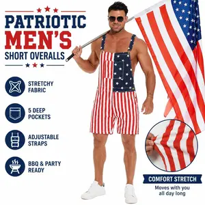 250th Anniversary 4th of July American Flag Overalls for Men, Stretch Denim Patriotic Jumpsuit, Adjustable Straps, Pockets, for Independence Day Parade & BBQ