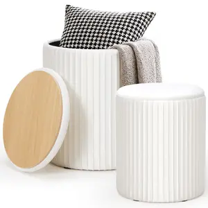Round Set of 2 Ottoman with Storage-Upholstered Velvet Vanity Stool for MakeupMultifunctional Ottomans Coffee Table Padded Seat Foot Rest for Living Room&Bedroom Two-piece round storage ottoman set - A plush dressing stool with storage function
