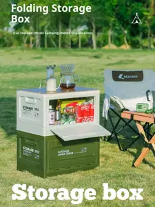 Outdoor Camping Storage Box with Side Door, Wooden Lid Foldable Car Trunk Organizer, Plastic Container for Outdoor Use Camping Gear
