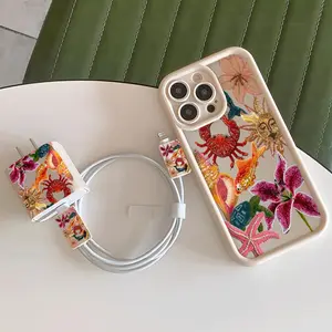 5 Piece Set Vintage Beaded Heart Pomegranate Star Flower Phone Case, Charger Head Cover, Cable Protector, Storage Rope iPhone Accessories