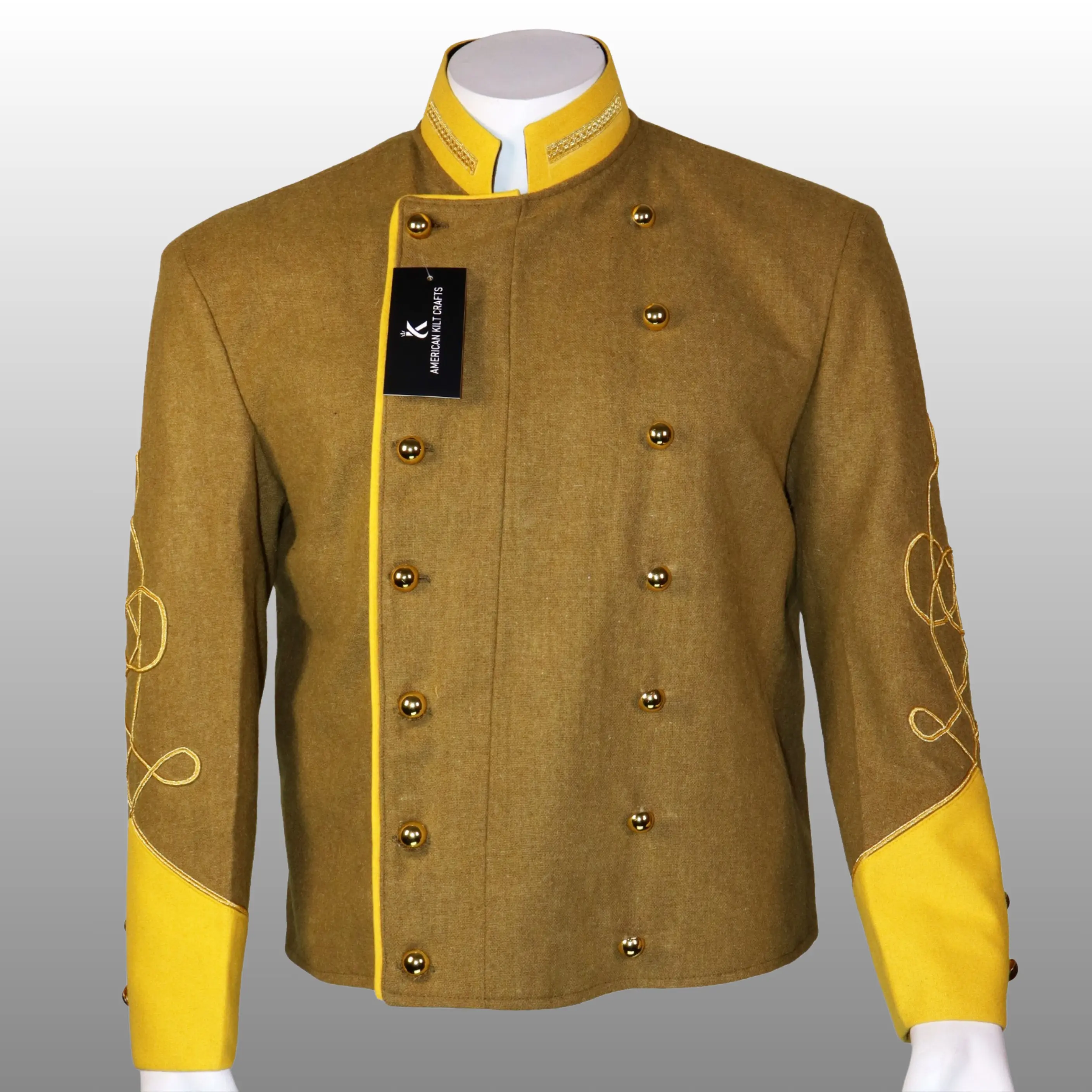 Confederate Officer Shell Jacket Civil War Khaki Wool Gold Trim Reenactment Uniform with Embroidered Sleeves Classic Military Style