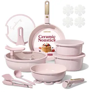 [Official] CAROTE Macaron Color 20Pcs Ceramic Cookware Set Stand-Up Lid with Detachable Handle Set, Non Stick Pots and Pans Set Non Toxic, PFAS Free