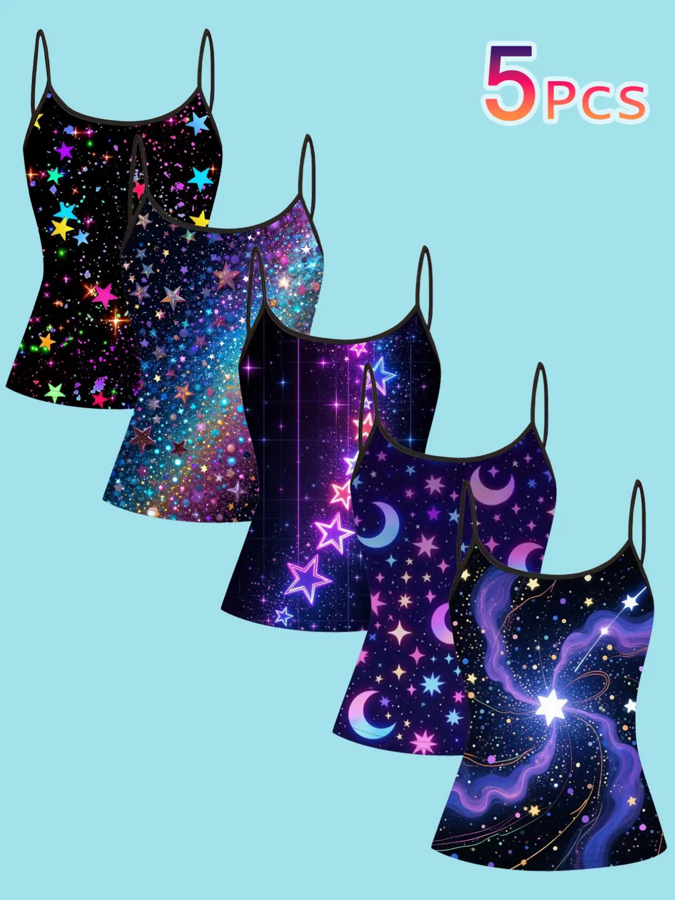 5 Pcs Star Moon Print Strapless Tank Tops for Women, Womenswear, Summer Y2K Style, Slim Fit, Casual All-Season Wear, Sweet Cool Fashion, Camisole Tops, Cami Sleeveless Top, Casual Comfy Cami