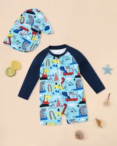 Boy Dinosaurs One Piece Swimsuit  Long-Sleeve Swiming Suits with Sun Hat Baby Cute Summer Beachwear, Pool, and Water Park Set