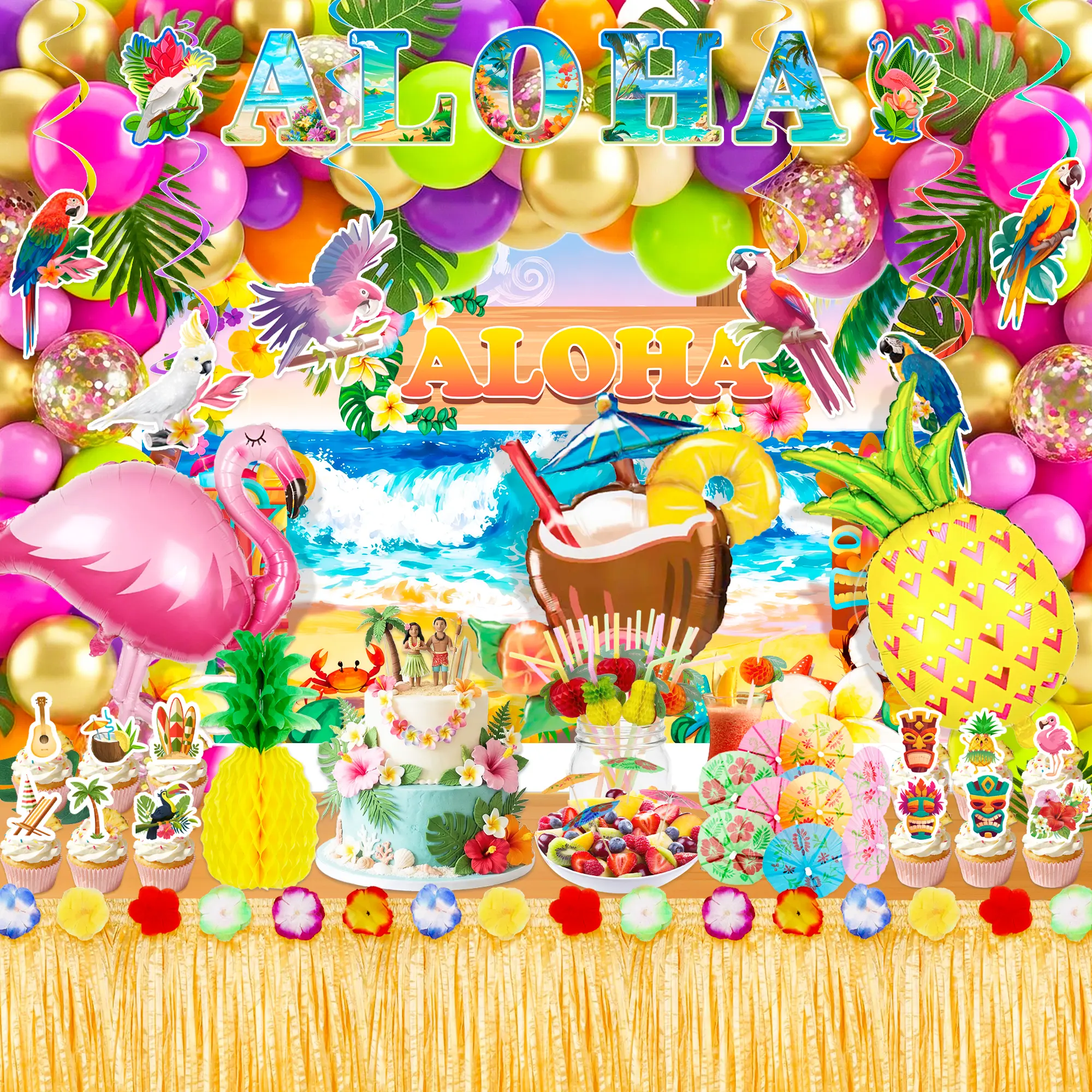 139pcs Hawaiian Luau Party Balloon Decorations Set - Colorful Latex Balloons, Tropical Aloha Cupcake Toppers, Banner, Backdrop for Birthday Celebrations (Home & Festive Party Supplies)