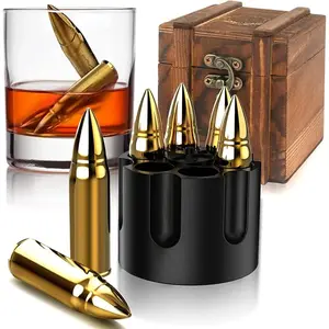 Men's Whiskey Ice Cube Gift Set with Revolver Freezer Base, Wooden Gift Box, Six Reusable Ice Cubes, Unique Ice-Cold Beverage Design, Chilled Drinks