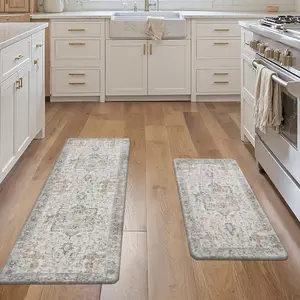 "2PCS Kitchen Mats for Floor, Anti-Fatigue Cushioned Rugs 17.3"x47"+17.3"x30", Washable Waterproof Non-Slip Standing Mats for Sink, Laundry, Home – Light Taupe Brown"
