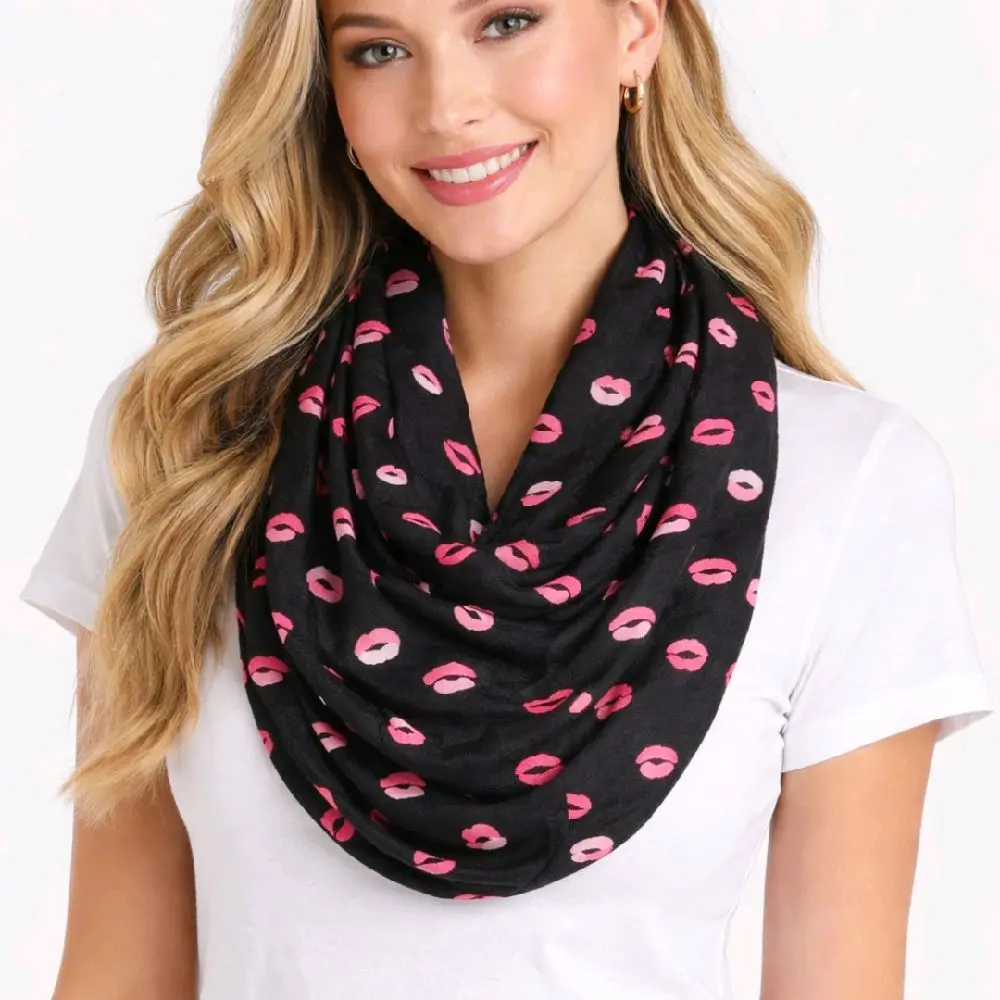 Infinity Kisses Scarf - Black with Pink Lip Print - Soft and Stylish Accessory for Everyday Wear