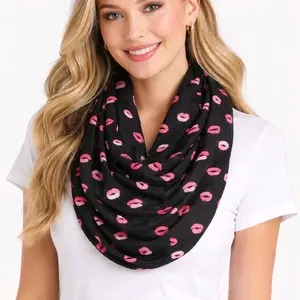 Infinity Kisses Scarf - Black with Pink Lip Print - Soft and Stylish Accessory for Everyday Wear