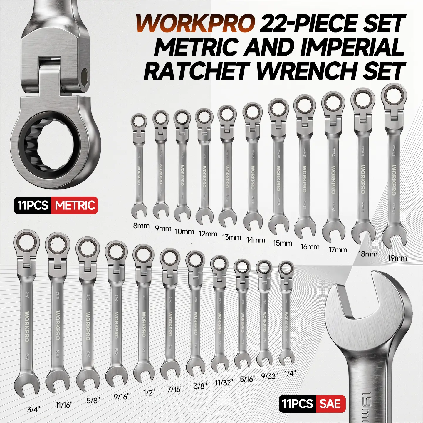 【WORKPRO】22PCS Ratcheting Wrench Set SAE & Metric, 72-Tooth Flex Head Combination Wrench Kit, CR-V Steel 180° Pivoting Head, Professional Auto Repair & DIY Tool Set sohochic