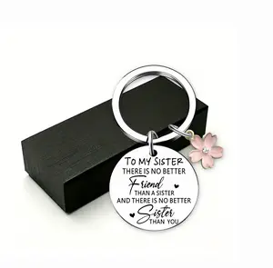 Best Sister Ever Keychain, Cherry Blossom Charm Engraved Keychain for Soul Sister, Unbiological Sister & Bestie, Sentimental Birthday Graduation Friendship Gift for Women