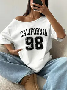 Oversized Off Shoulder California 98 Graphic T-Shirt for Women, Comfortable Vintage Distressed Print Tee, Casual Loose Fit Streetwear Top for Summer Beach, College Campus & Weekend Hangout Outfits | Y2K Aesthetic Lazy Style Comfy Everyday Wear