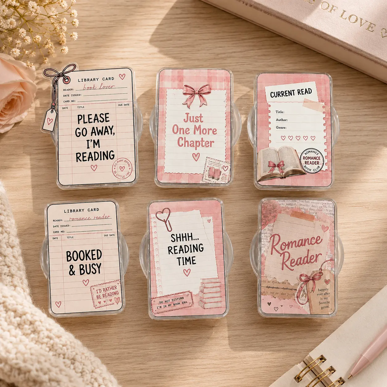 Romance Reader Library Card MagSafe Phone Grip Set, Book Lover Phone Holder Stand, Pink Coquette Kindle Grip, Just One More Chapter Gift