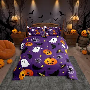 Cute Halloween Comforter Set,Pumpkin Lantern Ghost Bedding Set for Kids Boys Girls Room Decor,Black Spider Bat Quilt Set,Soft Polyester Duvet Set