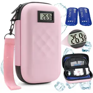 TSA Approved Insulin Cooler Travel Case Diabetic Medication Bag With Thermometer Temperature Display Medication Diabetic Cooler Travel Medicine Organizer Bag for women & 2 Ice Pack-Pink