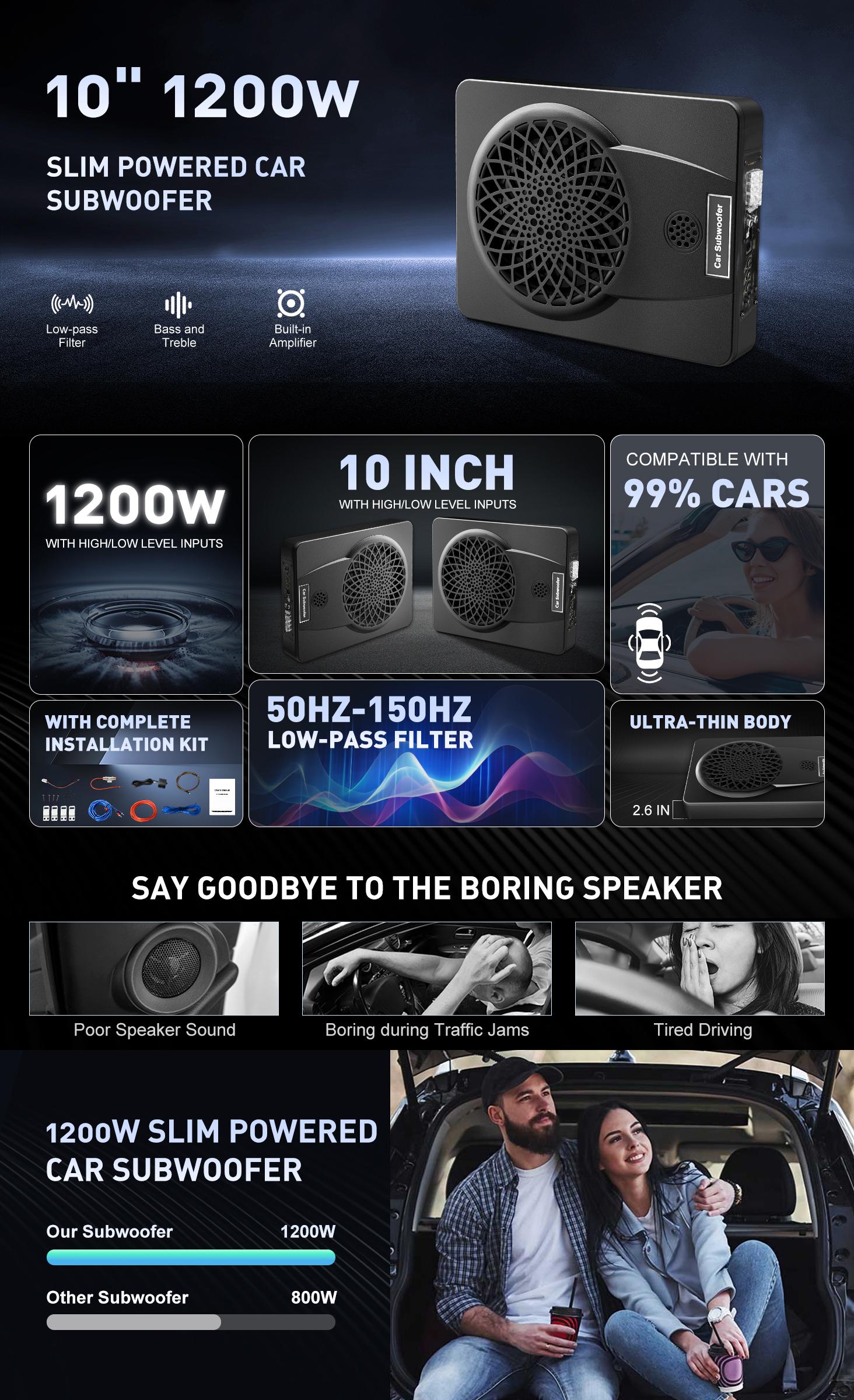 10 inch Subwoofer  1200W Power Car Audio Under Seat Car Subwoofer Active Car Subwoofer with Tweeter