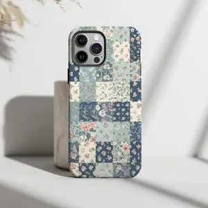 Blue Blossom Quilt Phone Case Quilted Vintage Floral Patchwork Tough Phone Case Patchwork Blue Floral Protective Cover Blue Floral Patchwork Collage IP Phone 17 16 15 14 13 12 11 Pro Max Plus X