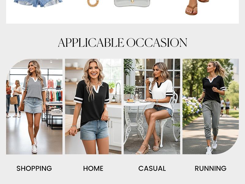 Shewin 2026 Spring/Summer Women's Casual Colorblock V-Neck T-Shirt - White with Black Trim, Short Sleeve Loose Fit Top with Striped Cuffs, Breathable Cotton Blend for Daily Wear SpringStatements Shewin 2026 Spring/Summer Women's Casual Colorblock V-Neck T-Shirt - White with Black Trim, Short Sleeve Loose Fit Top with Striped Cuffs, Breathable Cotton Blend for Daily Wear SpringStatements